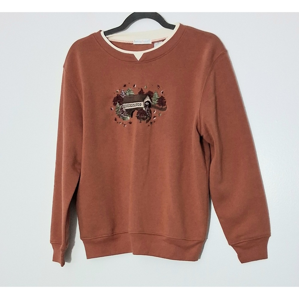 Hasting & Smith Sweater Women's Size Medium Petite Embroidered Fall Trees Bridge